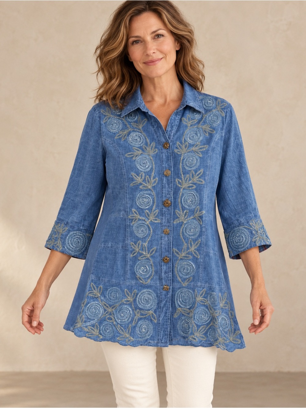 Parsley & Sage Blue Embroidered Cotton Tunic M Mineral Wash, M